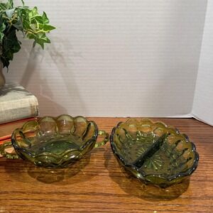 Anchor Hocking Fairfield Avocado Green Glass Nappy Bowl & Divided Dish